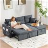 Lubvtti Divano letto 3 posti con portabicchieri,porte USB,contenitore integrato, divano 3 posti moderno in Lino,divano angolare a L con chaise longue (Grigio scuro + 3 posti)
