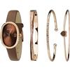 TIME100 Set Orologio e Bracciali Donna, Orologio Donna Cinturino Pelle Vera e 3 Braccialetti, Elegante Idea Regalo per Lei（Marrone）