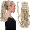 S-noilite Extension Capelli Veri Coda di Cavallo Arrotolare Ponytail Parrucchino Ombre Hair Extensions 43cm Riccio - Bionda sabbia & bionda candeggina