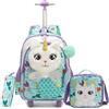 HTgroce 3pcs Zaino Trolley con Scuola Elementare Bambina Zaino Con Trolley Con Borsa Per La Merenda E Astuccio Per Le Matite