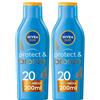 Nivea Sun Latte Solare Protect & Bronze FP20 200 ml, Crema solare 20 per un'abbronzatura dorata 2x200 ml Soluzione