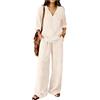 Generico Completo Di Lino Donna Estivo 2 Pezzi Pantalone Lungo Estivo Tuta Elegante Maniche 3/4 Completo Estiva Curvy Tute Casual Completi Leggera Comodi Set Mare Spiaggia Larghi Drop Shoulder