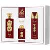 Lattafa Pride Ansaam Gold Gift Set 3 pezzi (EDP 100 ml + 200 ml spray profumato per il corpo + 20 ml di eau de parfum da viaggio + flacone ricaricabile) - Profumo da donna a lunga durata - pera