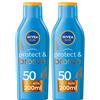 Nivea Sun Latte Solare Protect & Bronze FP50 200 ml, Crema solare 50 per un'abbronzatura dorata 2x200 ml