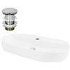 LuxeBath Lavabo da Appoggio in Ceramica Bianco Lucido Ovale 80 x 40 x 12 cm Lavandino con Set di Scarico in Ottone Cromato Lavello Lavamani Piletta Drenaggio Sanitari per Bagno in Design Moderno