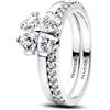 PANDORA Anello con trifoglio portafortuna da dividere in argento sterling 925 con zirconi cubici, set da 2 anelli da donna con pietre a forma di cuore e pavé, impilabile, misura 58, 194507C01-58