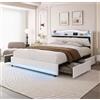 DAHUEN Letto 140 x 200 cm con LED e porte USB/Type-C, letto matrimoniale imbottito con testiera portaoggetti, rete a listelli, 4 cassetti con ruote, telaio letto moderno per adulti e adolescenti(Beige/G, 140