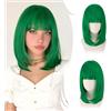RUWISS Dritto Verde Bob Parrucche con Frange，35cm Spalla Lunghezza Parrucca per Donna Charming Bob con Bangs Fibra Sintética Resistente per Uso