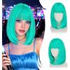 RUWISS Dritto Blu Neon Bob Parrucche con Frange，35cm Spalla Lunghezza Parrucca per Donna Charming Bob con Bangs Fibra Sintética Resistente per Uso