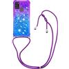 HongMan Custodia per Samsung Galaxy A21s con Cordino, Glitter Bling Liquido Cover Sparkly TPU Silicone Protettivo Morbido Brillantini Quicksand Cellulare Custodie con Cordoncino Case, Viola & Blu