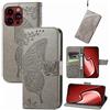 JIUNINE Cover per Apple iPhone 15 Pro Max, Custodia Interno TPU Antiurto Portafoglio con Disegni di Farfalla [Carta Fessura] [Supporto Stand] Cover Libro in PU Pelle, Grigio