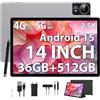 PIXGOOD 2.5K Android 15 Tablet 14 pollici, 36GB RAM+512GB ROM, 4G Lte Double SIM/5G WiFi, 2240 x 1400, 11580mAh, 4 altoparlanti, Octa-Core, 13MP+8MP, Tablet in offerta con Custodia/GPS (Sliver)