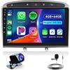Hodozzy 8 Core 4G+64G Autoradio per Peugeot 308 408 2007-2015 Android 9 Pollici Touch Screen GPS Carplay Wireless Android Auto 2 Din Radio Bluetooth DSP WiFi RDS Camera Schermo Stereo per Peugeot 408