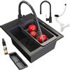 Granitan NERO, lavello da cucina, 40 x 50 cm, lavabo per cucina con rubinetto da cucina e sifone, lavello in granito con 1 vasca, nero