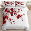 Generic Set Copripiumino Singolo Fiore di Prugna Cinese, Biancheria da Letto Fiore Rosso in Morbida Microfibra 3D Copri piumino 135x200 con Cerniera e 2 Federe 50x80 cm B-1878