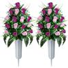 SIFOEL Set di 2 fiori artificiali commemorativi per cimitero, bouquet di rose con vaso, per cimitero, cimitero, decorazione (rosa e viola)