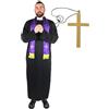 I LOVE FANCY DRESS LTD COSTUME DA PRETE PER UOMO CON CROCE - TUNICA LUNGA NERA CON COLLO BIANCO + SCIARPA VIOLA CON CROCE RICAMATA IN ORO + COLLANA CROCE D'ORO - TAGLIA: PICCOLO
