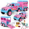 Charmofun Giocattolo Rimorchio per Cavalli, Trasportatore di Cavalli con Suoni e Luci (incl. Auto, Personaggio, 2 Unicorni, 8 Accessori), Giocattolo per Cavalli per Bambini dai 3 Anni in Su