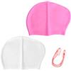 JYYWTSI Cuffia da nuoto in silicone per capelli lunghi, confezione da 2 pezzi, con clip per il naso, cuffia da nuoto 3D bianco rosa, cuffia da bagno antiscivolo, per capelli spessi, ricci e lunghi