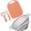 Fackelmann Set da Cucina Completo con Scolapasta in Acciaio Inox 20 cm e Accessori per Preparazione Alimenti - Tagliere Antiscivolo Senza BPA, Coltellino Multiuso e Pelaverdure Ergonomico