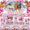 Obussgar Forniture per feste a tema cavallo rosa per ragazza, 159 pezzi Decorazioni a tema cavallo Include sfondo di buon compleanno Piatti di carta Tovaglioli Tazze Palloncini Cake Topper, 20 persone