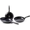 GreenPan, Memphis Set Padelle Antiaderenti in Ceramica - 20 cm + 24 cm + 28 cm, Nero