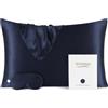 Vespersilk - Set di federe e maschera per occhi 19 momme in pura seta di gelso 100% naturale, per capelli e pelle, su entrambi i lati, 19 momme, 600 fili (standard 50 x 75 cm, blu navy)