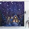 ABAKUHAUS Natale Tenda da Doccia, Winter Night Casa, Tessuto Set di Decorazioni per il Bagno con Ganci, 175 x 200 cm, Blu Navy Giallo