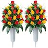SIFOEL 2 pezzi cimitero commemorativo artificiale fiori rosa bouquet con vaso per lapidi cimitero decorazione (rosso e giallo)