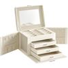 SONGMICS Scatola Portagioie, 4 Livelli, Porta Gioielli con Maniglie, 3 Cassetti, Specchio e Chiusura, Portagioie da Viaggio, Idea Regalo, Superficie Bianca Nuvola, Fodera Bianca Crema JBC159W02