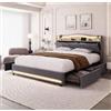 DAHUEN Letto 160 x 200 cm con LED e porte USB/Type-C, letto matrimoniale imbottito con testiera portaoggetti, rete a listelli, 4 cassetti con ruote, telaio letto moderno per adulti e adolescenti(grigio/G