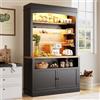 Ligterra 107 x 43 x 184 cm Armadio da cucina con piano di lavoro e ripiano aperto, armadio da cucina alto con illuminazione LED, armadio a buffet, vetrina, credenza, armadio portaoggetti (nero)