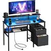 VASAGLE Scrivania per Computer con Cassetti in Tessuto, Supporto per Monitor, Luci a LED e Prese di Corrente, 55 x 120 x 90 cm, 2 Porte USB-A, Nero Ebano LWD093B01