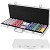 GYMAX Set da Poker Professionale, con 500 Fiches, 2 Mazzi di Carte, 5 Dadi, 3 Pedine Dealer, Valigetta in Alluminio, 56 x 21 x 6,5 cm, Adatto ai Principianti (Argento)