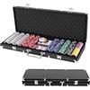 GYMAX Set da Poker Professionale, con 500 Fiches, 2 Mazzi di Carte, 5 Dadi, 3 Pedine Dealer, Valigetta in Alluminio, 56 x 21 x 6,5 cm, Adatto ai Principianti (Nero)