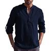 YAOBAOLE Camicia Lino Uomo Manica Lunga Collo Mao Camicia Estate Uomo Leggero Cotone Lino Camicia Da Spiaggia Classica Casual Henley Shirt, Blu marino, XL