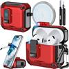 Joremx Compatibile con Custodia AirPods 4 con supporto per telefono, Cover in design fibra di carbonio per AirPods 4 versione ANC con chiusura automatica a scatto e pennello per pulizia (Rosso)