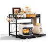 NETEL supporto per forno microonde allungabile,scaffale per microonde cucina a 2 Livelli,scaffale da cucina Con portabicchiere e Pannello di base estraibile，Nero
