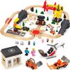Mamabrum Trenino Elettrico per Bambini, Trenino Legno con Collegamenti Magnetici, Treno Giocattolo per Bambini, Aerogaro con Torre, Gru Mobile con Ascensore, Treni, Figure Umane, Vie, Luci di traffico