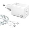 YISH 25W Caricatore USB C Caricabatterie： 3A USB C Presa Carica Alimentatore con 60W Cavo USB Type-C 1M Spina Ricarica Adattatore Tipo C Compatibile con iPhone 17/16/15 /Samsung Galaxy S26/S25/S24