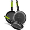 BRA Prior | Set di 3 padelle antiaderenti in alluminio fuso, 18-22-26 cm, con 2 sottopentola Safe verdi, adatte a tutti i piani cottura, induzione inclusa