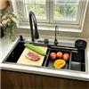 OMGMTSTORE Lavello da cucina a cascata, 80 x 45 cm, 1 lavandino in acciaio inox, colore nero, antracite, con rubinetto sinistro, componente di scarico sinistro, lavello da cucina con cestello di scarico, vasca