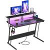 VASAGLE Scrivania da Gaming con Luci LED e Prese di Corrente, Scrivania da Computer, Supporto per Monitor, Tavolo per 2 Monitor, Ufficio, Camera da Letto, 100 x 55 cm, Nero Ebano LWD191B56V2