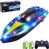 FJJVILLEY Barca Telecomandata, 2.4GHz Barca Radiocomandata, 15KM/H Motoscafo Telecomandato on Luce LED, 2 Batterie per 90 Min, Allarme Batteria, RC Boat per Piscine e Laghi, per adulti e bambini sopra i 14 anni