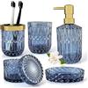 TBRFP Set di 5 accessori da bagno in vetro blu, set di accessori per il bagno, dispenser per lozioni, portasapone, porta spazzolini, bicchieri, bastoncini di cotone, set decorativo per bagno moderno, regalo
