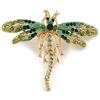 Avalaya Spilla a forma di libellula in metallo color oro con diamanti verdi/oliva, 70 mm di diametro