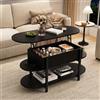 JiaOyu Tavolino da salotto ovale regolabile in altezza, moderno, con vano portaoggetti, apribile con scomparto nascosto e ripiani aperti, Coffee Table con struttura in metallo (nero)