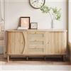 Merax Credenza in rattan con 3 cassetti in rattan e 2 ante scorrevoli, credenza in legno, buffet con ripiani regolabili, piano curvo, design naturale, 140,5 x 40 x 76 cm