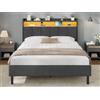 AOGLLATI Letto Matrimoniale 140x200 con Contenitore，Struttura Letto Matrimoniale con Luci LED Regolabili e Stazione di Ricarica, Testiera Letto Matrimoniale Imbottita con Ripiano Lino Grigio Scuro