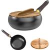 Puasok Padella Ferro con Coperchio di Legno, Non Rivestita Padella Ghisa, Cast Iron Pan, Pentola per Pasta, Asparagiera Pentola, Big Belly Pot Adatto per Friggere, Cuocere, Stufare e Soffriggere